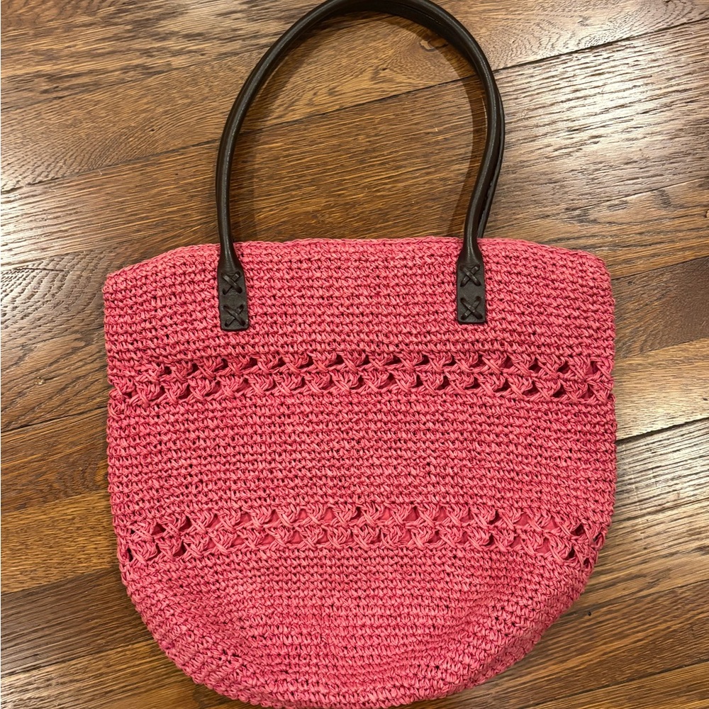 Woven Pink Tote Bag with Dark Handles